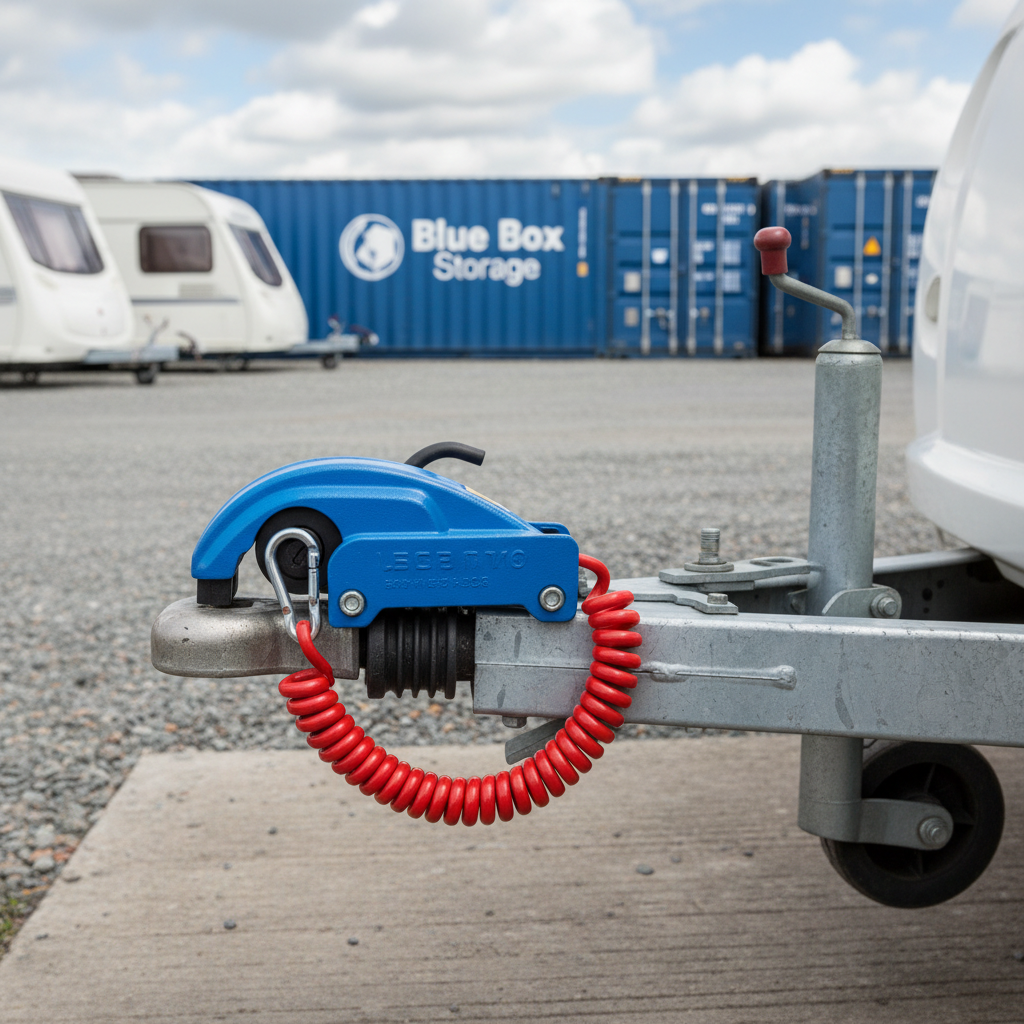 Close-up of a caravan hitch with a fitted hitchlock and safety breakaway cable in place